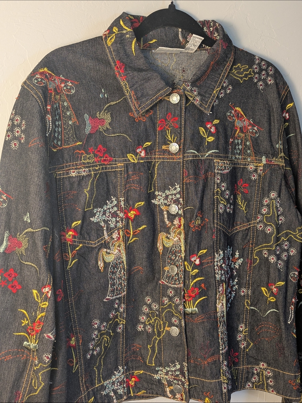 Chico's Dark Denim Jacket Artsy Floral Embroidery '90S Vintage Novelty S:L/12